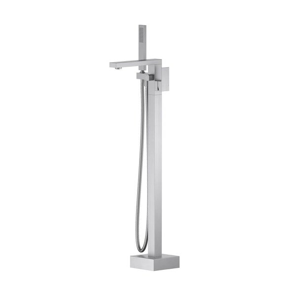 Cube Floor Mount Tub Filler With Hand Shower - Brushed Nickel