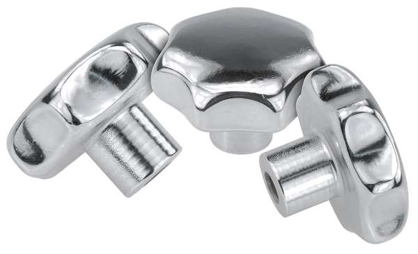 Star Grip,  Form: E,  Tapped Blind Hole,  DIN 6336,  D=1/4-20,  D1= 32,  H=21,  Stainless Steel Polished