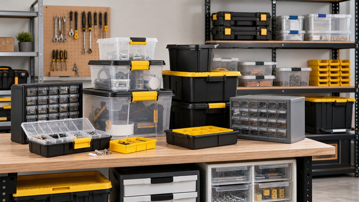 Storage bins and workspace organization supplies