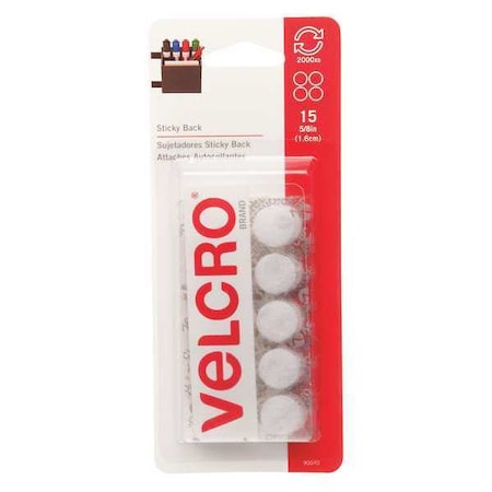 Reclosable Fastener, Disc, Rubber Adhesive, 5/8 in, White, 15 PK