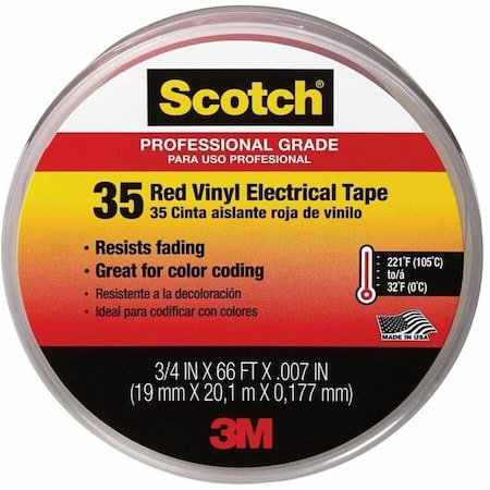 Vinyl Electrical Tape, 35, Scotch, 3/4 in W x 66 ft L, 7 mil thick, Red