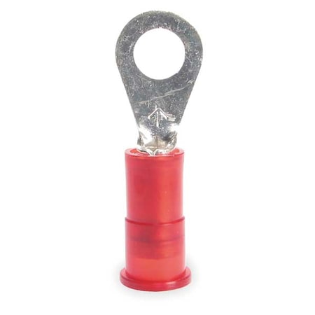 Ring Terminal, #8 Stud Size, 18 AWG, 1,000 V, Nylon Insulated, Red, Crimp Termination Only, 100 PK