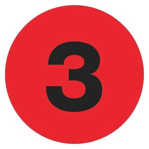 Tape Logic® Number Labels, "3", 1" Circle, Fluorescent Red, 500/Roll