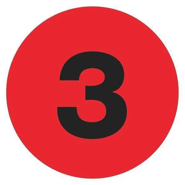 Tape Logic® Number Labels, "3", 1" Circle, Fluorescent Red, 500/Roll