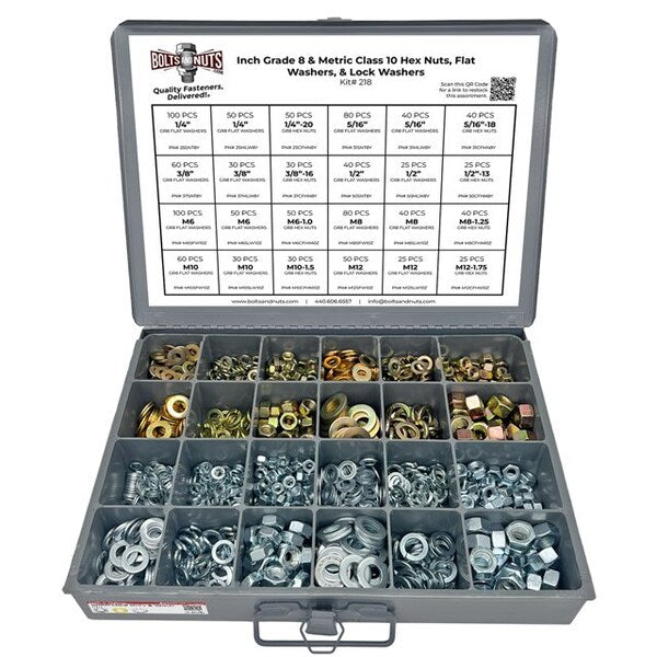 Inch & Metric Grade 8 Hex Nut, Flat & Lock Washer Assortment - 1151 PCS