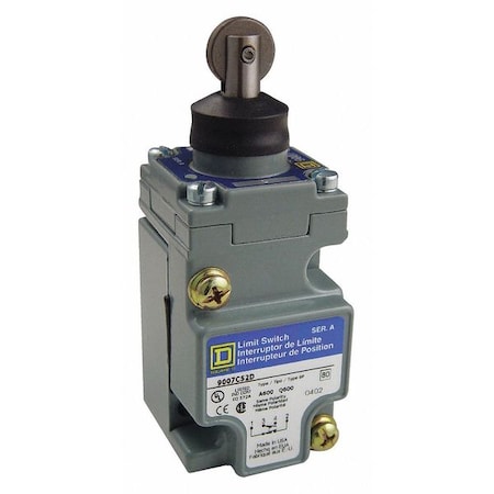Heavy Duty Limit Switch, Plunger, Roller, 1NC/1NO, 10A at 600V AC, Actuator Location: Top