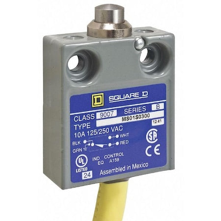 Limit Switch, Plunger, Spring Return, SPDT, 10A at 300V AC, Actuator Location: Top