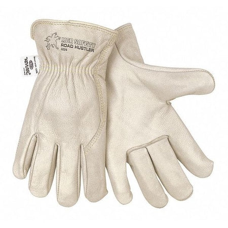 Leather Drivers Gloves, Shirred Slip-On Cuff, Wing Thumb, Beige, XL, 12 PK