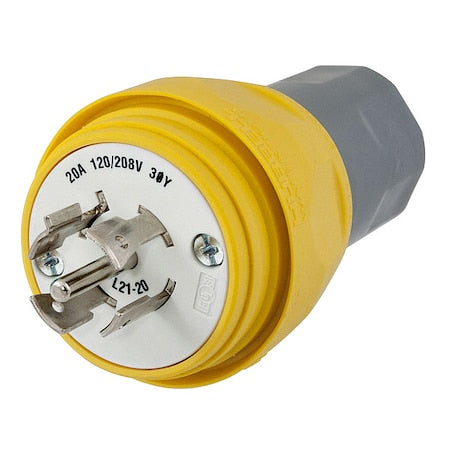 Watertight Locking Plug, L21-20P, 20 A, 120/208V AC, Three Phase, 4 Pole, Screw Terminals, Yellow