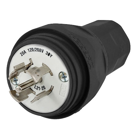 Watertight Locking Plug, L21-20P, 20 A, 120/208V AC, Three Phase, 4 Pole, Screw Terminals, Black