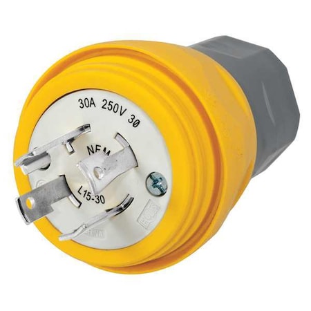 Watertight Locking Plug, L15-30P, 30 A, 250V AC, Three Phase, 3 Pole, Screw Terminals, Yellow