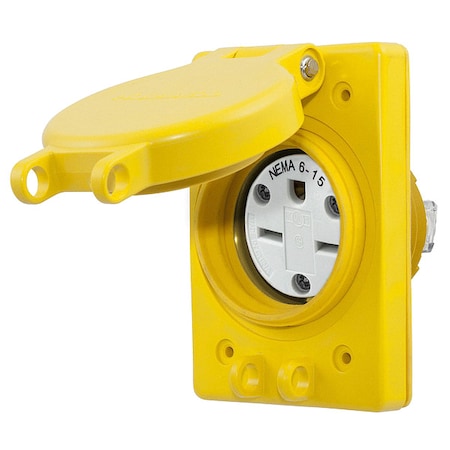 Watertight Straight Blade Receptacle, 6-15R, 15 A, 250V AC, 2 Pole, 3 Wire, Flush Mount, Grounded