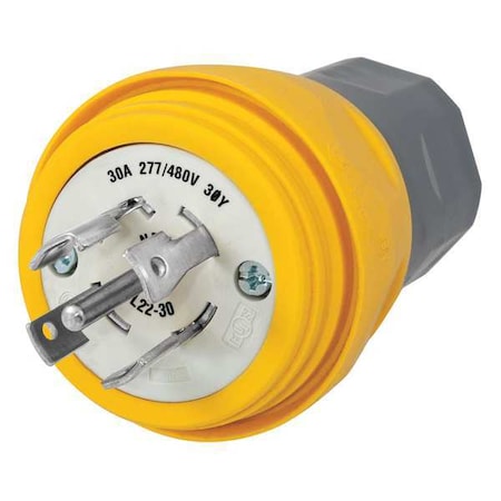 Watertight Locking Plug, L22-30P, 30 A, 277/480V AC, Three Phase, 4 Pole, Screw Terminals, Yellow