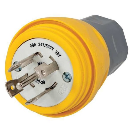 Watertight Locking Plug, L23-30P, 30 A, 347/600V AC, Three Phase, 4 Pole, Screw Terminals, Yellow