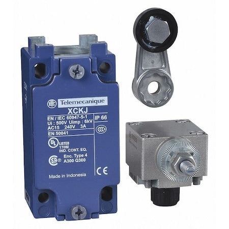 Limit Switch, Roller Lever, Rotary, 1NC/1NO, 10A at 240V AC, Actuator Location: Side