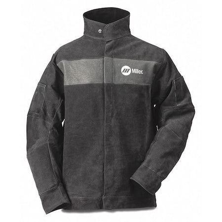 Welding Jacket, Pigskin, 2 oz, 30 in Length, Snaps Closure, 2 Pockets, Gray, L