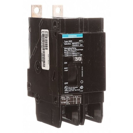 Miniature Circuit Breaker, BQD Series, 30A, 2 Pole, 480V AC, 14kA at 480V AC