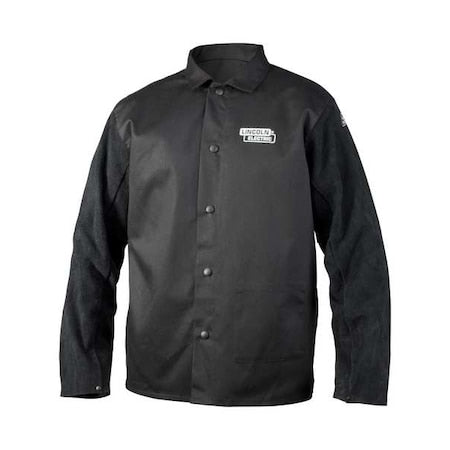 Welding Jacket, Leather, 9 oz, 30 in Length, Button Closure, 1 Pockets, Black, M