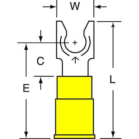 Fork Terminal, 1/4 in Stud Size, 10 AWG, 600 V, Vinyl Insulated, Yellow, Crimp Termination Only