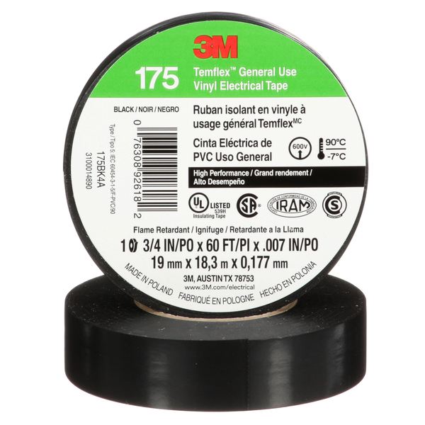 Temflex Vinyl Electrical Tape 175,  Black,  3/4 in x 60 ft (19 mm x 18 m),