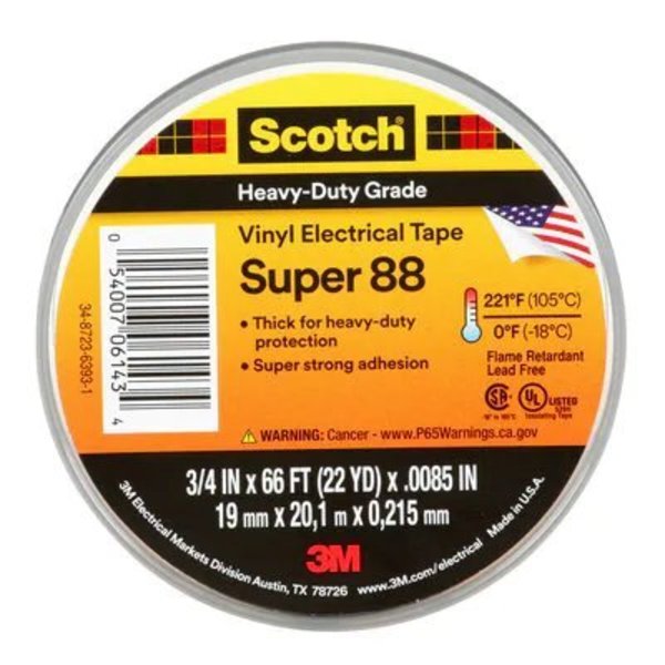 Scotch Professional Grade Vinyl Electrical Tape Super 88,  3/4 In X 66 Ft (19 Mm X 20, 1 M)