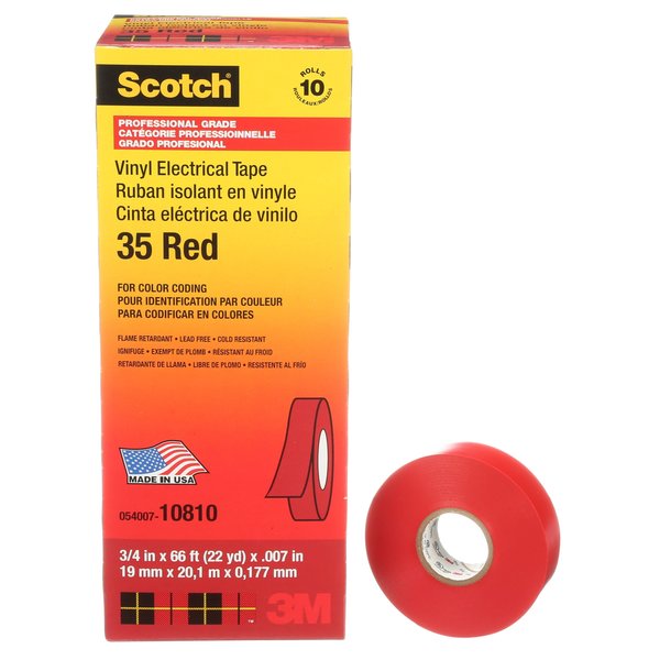 Scotch Vinyl Color Coding Electrical Tape 35,  3/4 in x 66 ft,  Red