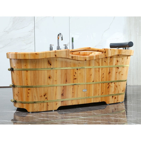 61" Free Standing Cedar Wooden Bathtub W/ Chrome Tub Filler