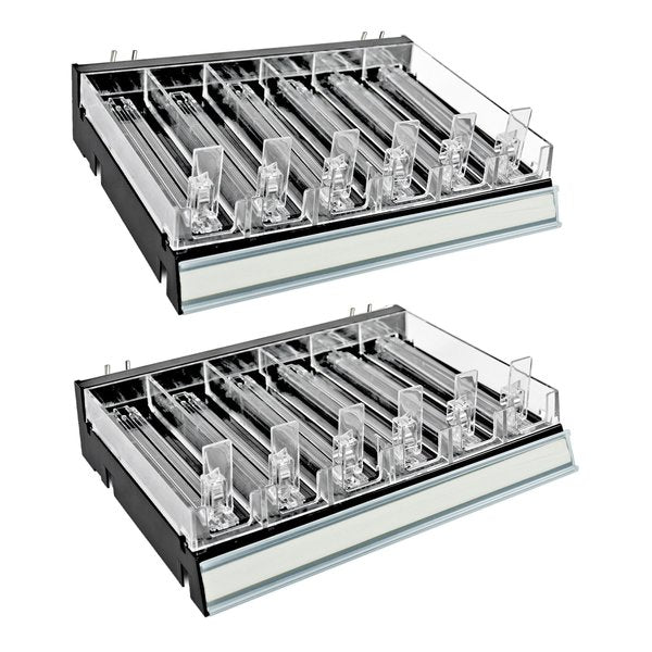Black 6 Compartment Divider Bin Cosmetic Tray with Pushers - 6 Slots per Tray,  2-Pack