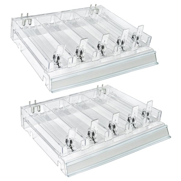 Adjustable Short Divider Bin Cosmetic Tray w Pushers - Customize Slot Size to Product,  Clear,  2-Pack