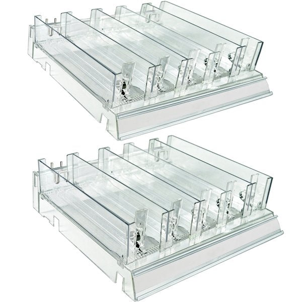 Adjustable Tall Divider Bin Cosmetic Tray w Pushers - Customize Slot Size to Product,  Clear,  2-Pack