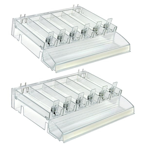 Clear 6 Compartment Divider Bin Cosmetic Tray with Tester Tray on Front and with Pushers,  2-Pack