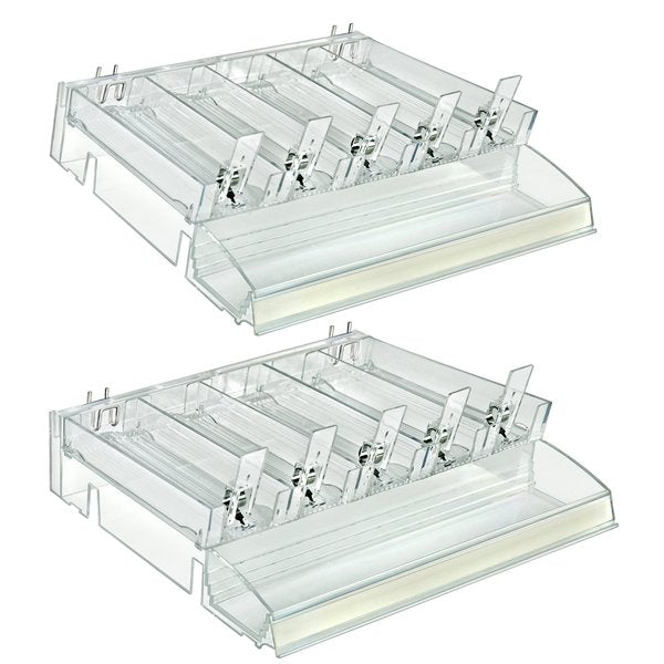 Adjustable Short Divider Bin Cosmetic Tray with Tester on Front and Spring Pushers,  Clear,  2-Pack