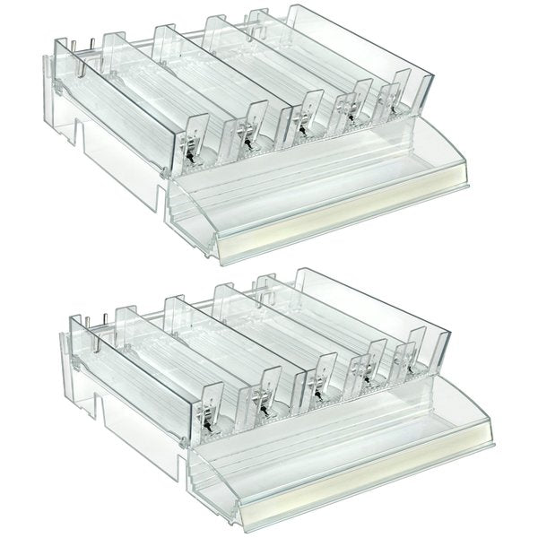 Adjustable Tall Divider Bin Cosmetic Tray with Tester on Front and Spring Pushers,  Clear,  2-Pack