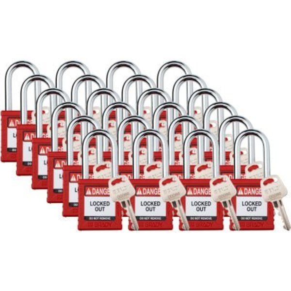 Brady Safety Lockout Padlock,  Keyed Different,  1-1/2in,  Plastic/Steel,  Red,  24/PK