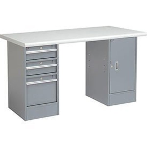 60 x 30 Pedestal Workbench 3 Drawers   1 Cabinet,  Laminate Safety Edge Gray
