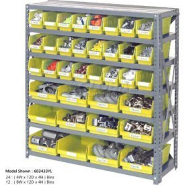 Steel Shelving with 48 4"H Plastic Shelf Bins Yellow,  36x18x39-7 Shelves