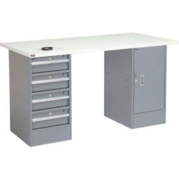 72"W x 30"D Pedestal Workbench - 4 Drawers   Cabinet,  ESD Square Edge - Gray