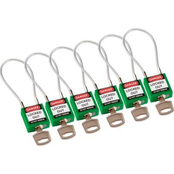 BradyÂ Cable Safety Padlocks,  Keyed Alike,  4-3/16"H Steel Cable,  Green,  6/Pack