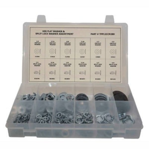 Flat & Split Lock Washer Washer Assortment,  Steel,  Zinc Plated Finish,  280 PCS