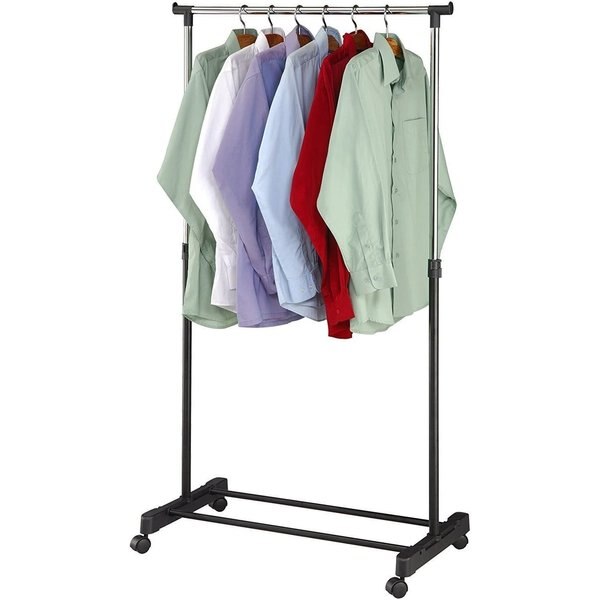 Single Rail Adjustable Rolling Garment and Wardrobe Organizing Rack,  Black
