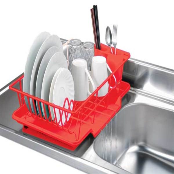 3 Piece RustResistant Vinyl Dish Drainer with SelfDraining Drip Tray,  Red