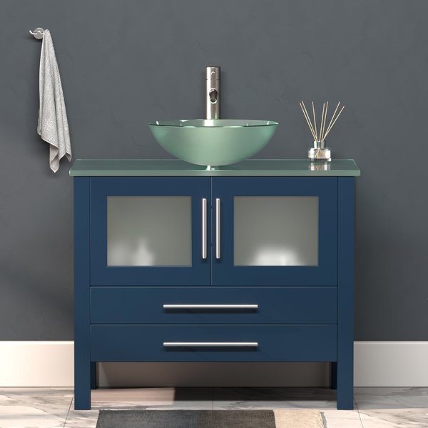 36 Inch Modern Wood and Glass Vanity with Brushed Nickel Plumbing