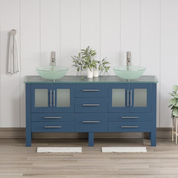 63 Inch Modern Wood and Glass Vanity with Brushed Nickel Plumbing