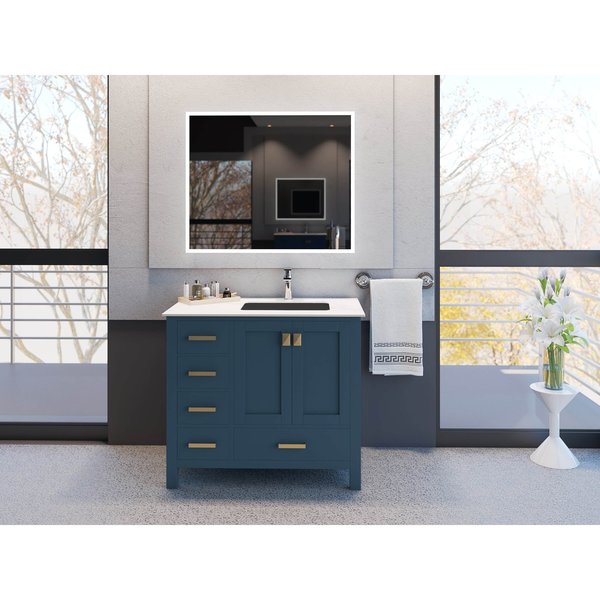 Yamyam 36" Blue  Vanity Base Set With Right Black Basin and Gold Handles