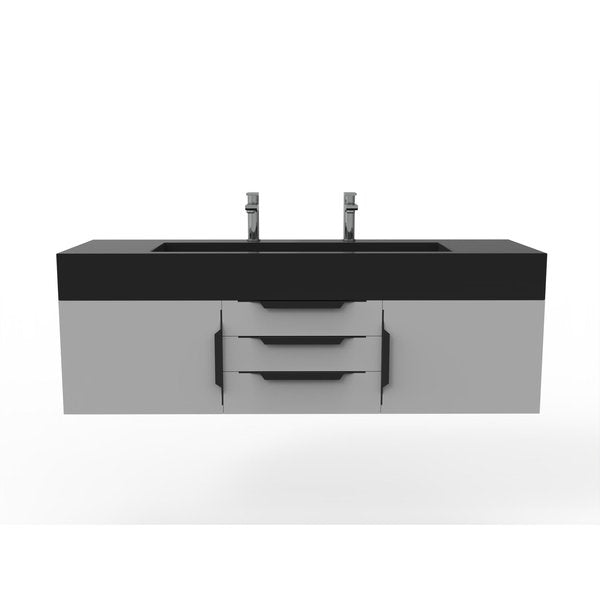 Nile 60" Wall Mounted Gray Vanity With Black Top And Black Handles