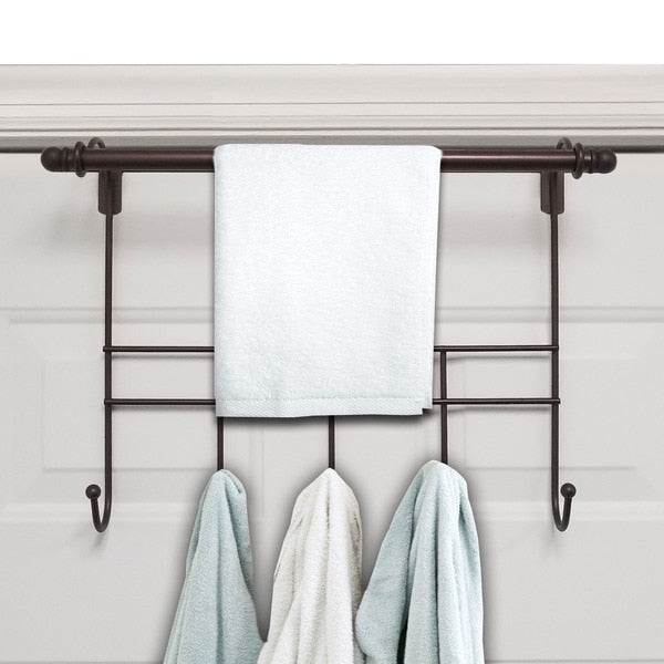 Towel Door Hanger with Rack Bar,  5 Towel Hooks,  17 Inches Wide,  Bronze