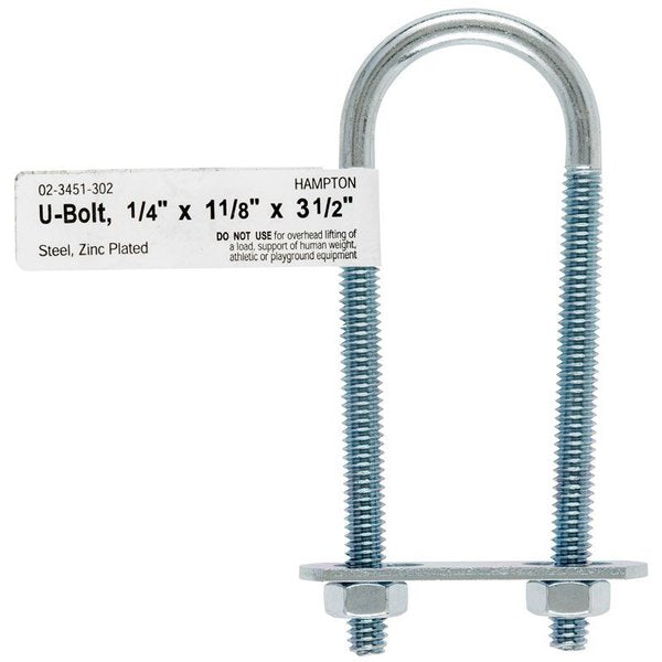 Round U-Bolt,  1/4",  3-1/2 in Inside Ht,  1-1/8 in Inside Wd/Dia,  Steel
