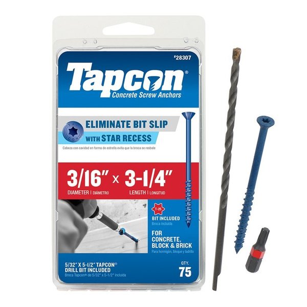 Tapcon Concrete Screw,  3/16" Dia.,  Flat,  3 1/4 in L,  Climaseal Coated