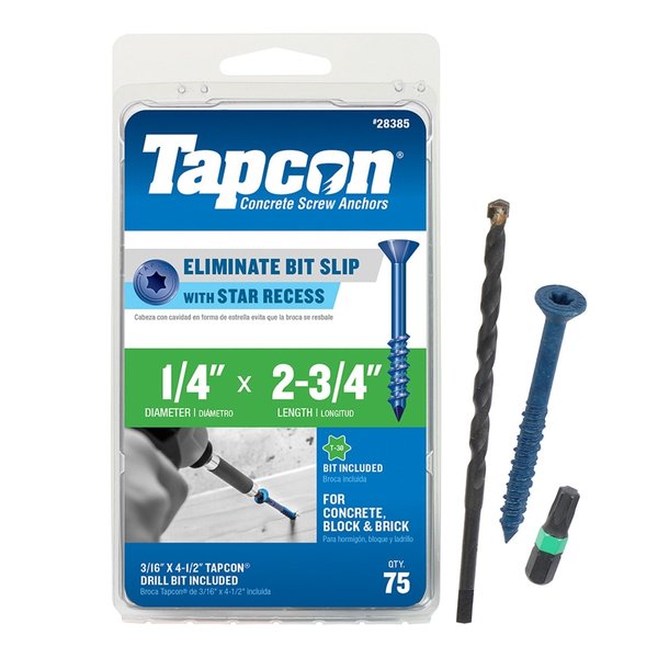 Tapcon Concrete Screw,  1/4" Dia.,  Flat,  2 3/4 in L,  Climaseal Coated,  75 PK