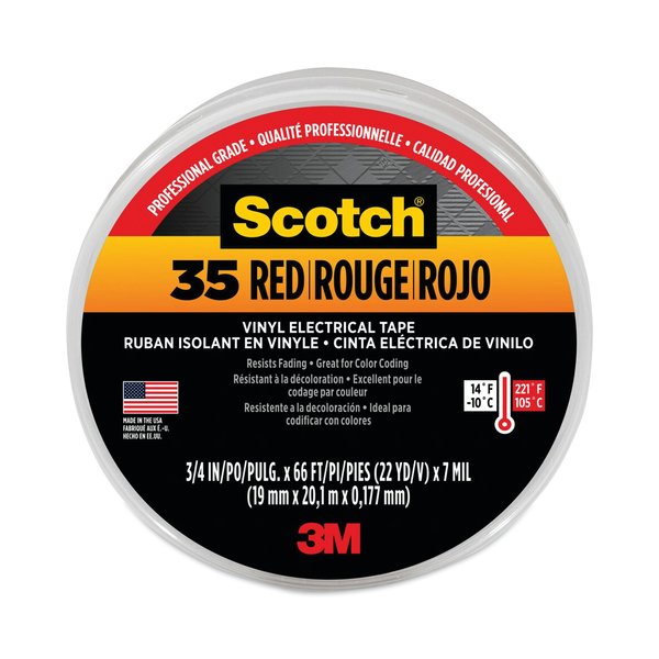 Scotch Vinyl Electrical Color Coding Tape,  3" Core,  0.75"x66 ft.,  Red